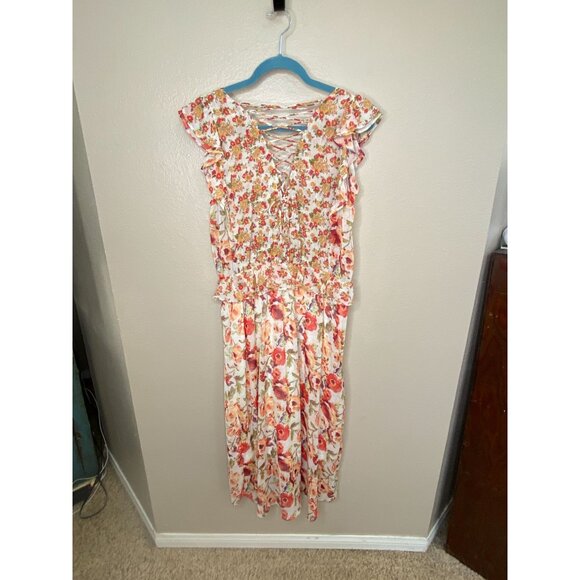 Anthropology Fig & Flower Womens Floral Print Dress Lace-Up Back Cap Sleeve L - Picture 3 of 8